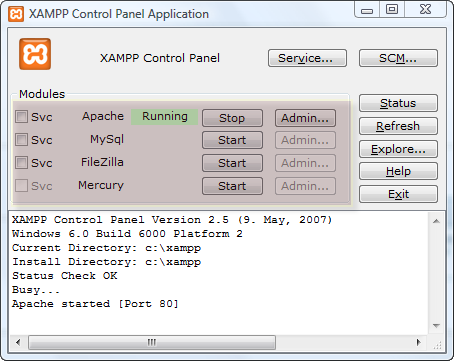 The XAMP control panel with services highlighted