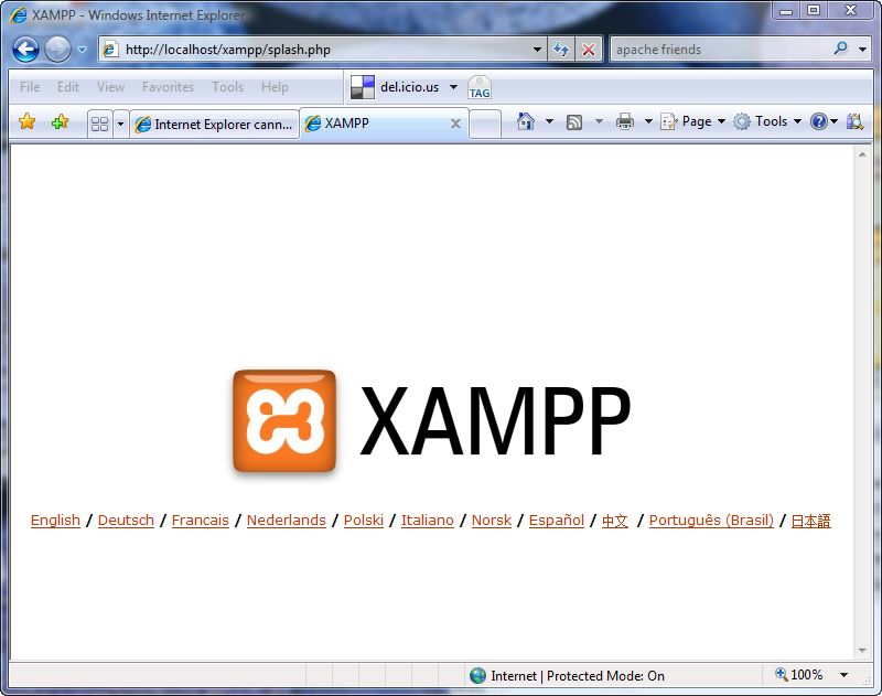 XAMPP language selection page.
