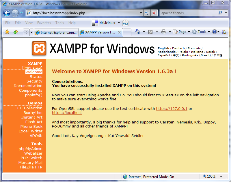 XAMPP welcome page.