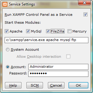 Auto-starting the XAMPP services as a defined user.